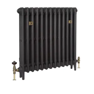 Plain Mercury 3 column cast iron radiator in Matt Black on feet, with antique brass valves and two brass wall stays.