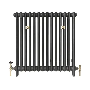 Plain Mercury 3 column cast iron radiator in Matt Black on feet, with brass wall stays and antique brass thermostatic and lockshield valves.