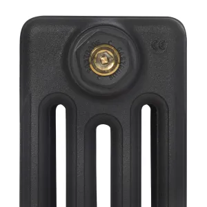 Close-up of the top of a plain Mercury 4 column cast iron radiator in Matt Black, with a brass air vent in a Castrads-stamped end plug.