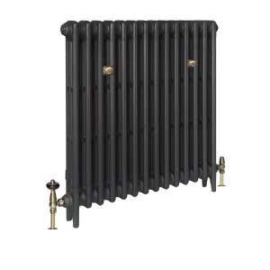 Plain Mercury 3 column cast iron radiator in Matt Black on feet, with brass thermostatic valve, lockshield valve and two wall stays.