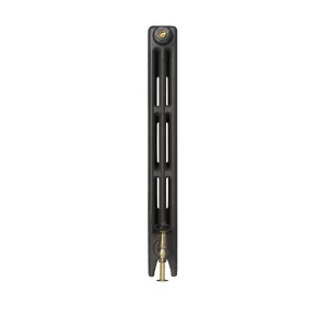 Side view of a plain Mercury 3 Column 860mm cast iron radiator in Matt Black on feet, with a brass bleed valve and angled brass valve.