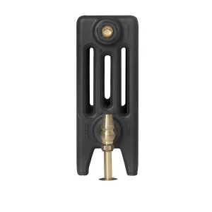 End view of a plain Mercury 4 Column 360mm cast iron radiator on feet in Matt Black, with a brass bleed plug and an antique brass valve.