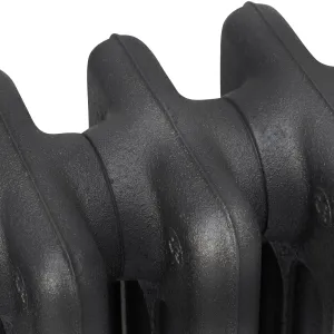Close-up of the plain rounded sections of a Mercury 4 Column cast iron radiator in a textured Matt Black finish, with small cast markings.