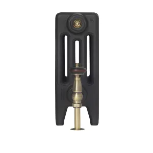 End view of a plain Mercury 4 Column 360mm cast iron radiator in Matt Black on feet, with an antique brass valve with a wooden head.