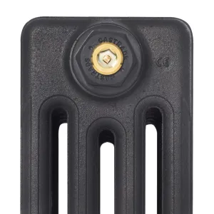 Close-up of the top of a plain Mercury 4 Column cast iron radiator in Matt Black, with a Castrads-stamped end cap and brass bleed valve.