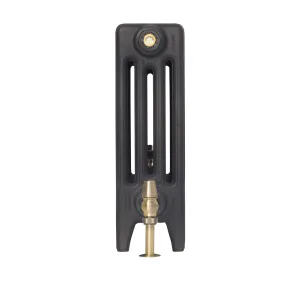End view of a plain Mercury 4 Column 460mm cast iron radiator on feet in Matt Black, with a brass valve and bleed screw.