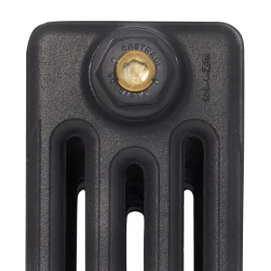Close-up of the top of a plain Mercury 4 Column cast iron radiator in Matt Black, with a Castrads-stamped plug and brass bleed valve.
