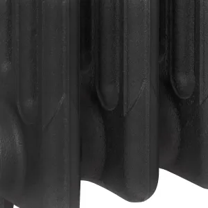 Close-up of the lower sections of a Mercury 4 Column cast iron radiator in Matt Black, showing its plain columns and textured cast surface.