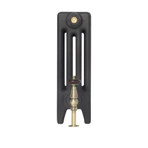 End view of a plain Mercury 4 Column 460mm cast iron radiator on feet in Matt Black, with an antique brass valve with a wooden head.