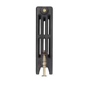 End view of a plain Mercury 4 Column 560mm cast iron radiator on feet in Matt Black, with an antique brass valve and wooden head.