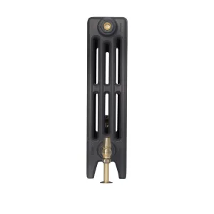 End view of a plain Mercury 4 Column 560mm cast iron radiator on feet in Matt Black, with a brass valve and tail at the base.