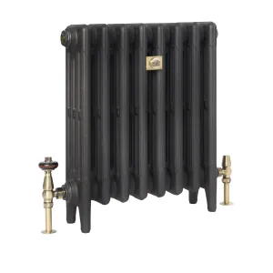 Plain Mercury 4 column cast iron radiator in Matt Black on feet, with brass angled valves and a brass bee badge on the front.