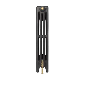 Single section of a plain Mercury 4 Column 760mm cast iron radiator in Matt Black on feet, with a brass valve and bleed fitting.