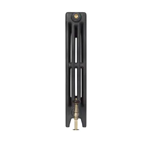 End view of a plain Mercury 4 Column 760mm cast iron radiator on feet in Matt Black, with a brass angled valve and wooden head.