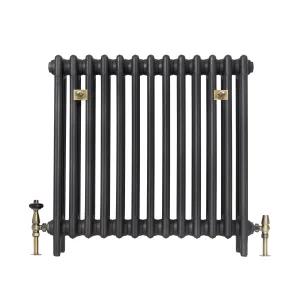 Plain Mercury 4 Column 760mm cast iron radiator in Matt Black on feet, with brass wall stays, a thermostatic valve and a lockshield valve.