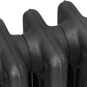 Close-up of the plain, rounded sections of a Mercury 4 Column cast iron radiator in a textured Matt Black finish.