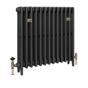 Plain Mercury 4 Column 760mm cast iron radiator in Matt Black on feet, with antique brass valves and two brass wall stays, on white.