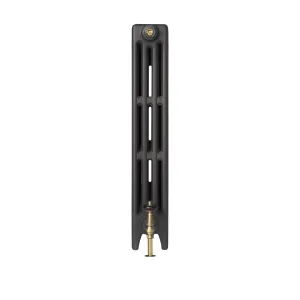 End view of a plain Mercury 4 Column 860mm cast iron radiator in Matt Black on feet, with a brass valve and wooden head and a brass bleed valve.
