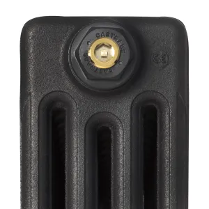 Close-up of the top of a plain Mercury 4 Column cast iron radiator in Matt Black, with a Castrads-branded end plug and brass bleed valve.