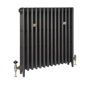 Plain four-column Mercury cast iron radiator on feet in a dark metallic grey finish, with brass wall stays and brass valves.