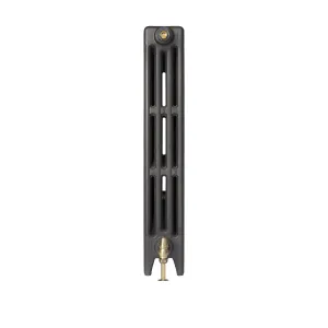 Narrow view of a plain Mercury 4 Column 860mm cast iron radiator in Matt Black on feet, with a brass valve below and brass bleed screw on top.