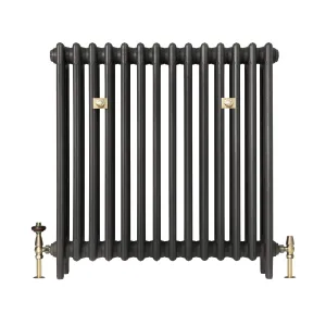 Plain Mercury 4 Column 860mm cast iron radiator in Matt Black on feet, with brass wall stays, a thermostatic valve and a lockshield valve.