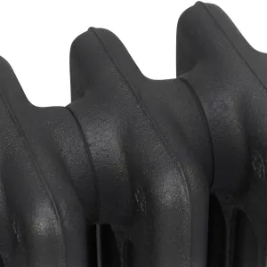 Close-up of the plain rounded columns of a Mercury cast iron radiator in Matt Black, showing the textured cast surface and section joints.