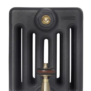 Close-up of a plain Mercury 6 Column cast iron radiator in Matt Black, with a Castrads brass bleed plug and an antique brass valve with wooden head.