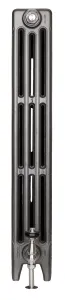 End view of a plain Mercury 4 Column 960mm cast iron radiator in Black Iron, with a polished nickel valve at the base, on a white background.