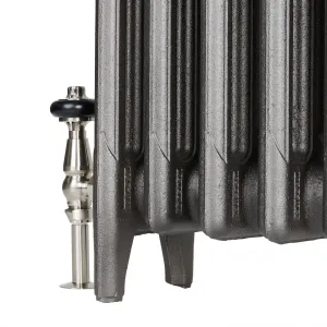 Close-up of the lower end of a plain Mercury cast iron radiator on feet in Black Iron, with a satin nickel valve and black wheel head.