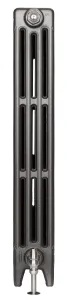 Side view of a plain Mercury 4 column 960mm cast iron radiator in Black Iron on feet, with a chrome valve and bleed valve.