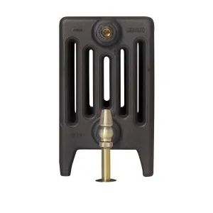 End view of a plain Mercury 6 Column 360mm cast iron radiator on feet in Matt Black, with a brass valve and pipe below, on white.
