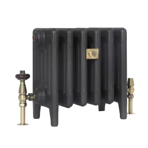 Low Mercury 6 Column 360mm cast iron radiator in Matt Black on feet, with brass valves, a wooden valve head and a brass bee badge.