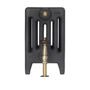 End view of a Mercury 6 Column 360mm cast iron radiator on feet in Matt Black, with an antique brass thermostatic-style valve and pipe shroud.