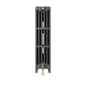 End view of a plain Mercury 6 Column 960mm cast iron radiator in Matt Black on feet, with a brass valve at the base and a bleed valve at the top.