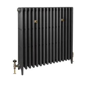 Plain Mercury 6 column cast iron radiator on feet in Matt Black, with antique brass angled valves and two brass wall stays.