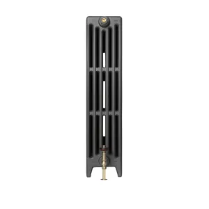 End-on view of a plain Mercury 6 Column 960mm cast iron radiator on feet in Matt Black, with a brass valve and brass bleed valve.