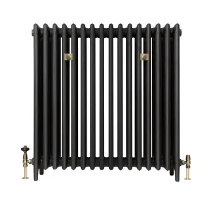 Plain Mercury 6 Column 960mm cast iron radiator in Matt Black on feet, with two brass wall stays and antique brass valves.