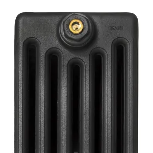 Close-up of the top of a plain Mercury 6 Column cast iron radiator end in Matt Black, with a brass-centred Castrads plug and EN 442 mark.