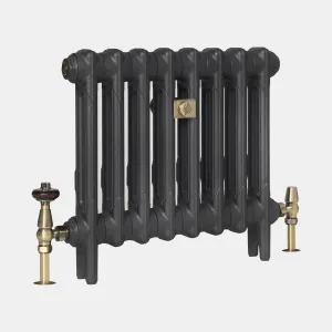 Low eight-section Mercury 2 Column cast iron radiator on feet in Matt Black, with brass valves either side and a brass wall stay.