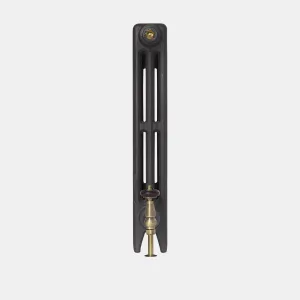 Side view of a plain Mercury 3 Column 660mm cast iron radiator on feet in Matt Black, with a brass valve and brass bleed valve.