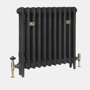 Mercury 3 Column 660mm plain cast iron radiator on feet in Matt Black, with brass valves and two brass wall stays.