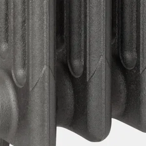 Close-up of the rounded lower ends of Mercury 4 Column cast iron radiator sections in a textured Black Iron finish on a white background.