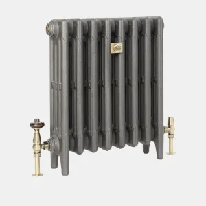 Plain Mercury 4 Column 560mm cast iron radiator in Black Iron on feet, with brass angled valves and a bee-emblem plate, on grey.