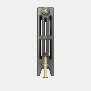End view of a plain Mercury 4 Column 560mm cast iron radiator on feet in Black Iron, with a brass valve and top bleed plug.