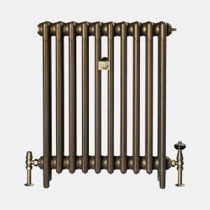 Mercury 4 Column 760mm cast iron radiator in Beaten Brass on feet, with a brass wall stay and angled brass valves, one thermostatic.