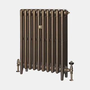 A plain Mercury 4 Column 760mm cast iron radiator on feet in Beaten Brass, with brass thermostatic and lockshield valves, on a grey background.