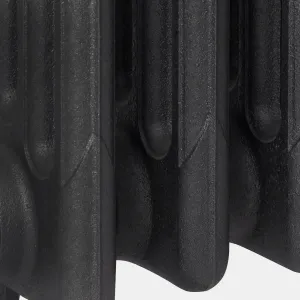 Close-up of the lower sections of a plain Mercury 4 Column cast iron radiator in Matt Black, showing its textured cast surface.