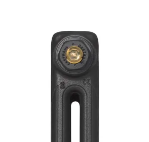 Close-up of the top of a plain Mercury 2 Column cast iron radiator end section in dark grey, with a Castrads-stamped plug and brass bleed valve.