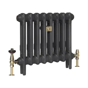 Plain eight-section Mercury 2 Column cast iron radiator on feet in a dark grey finish, with antique brass valves and a brass wall stay.